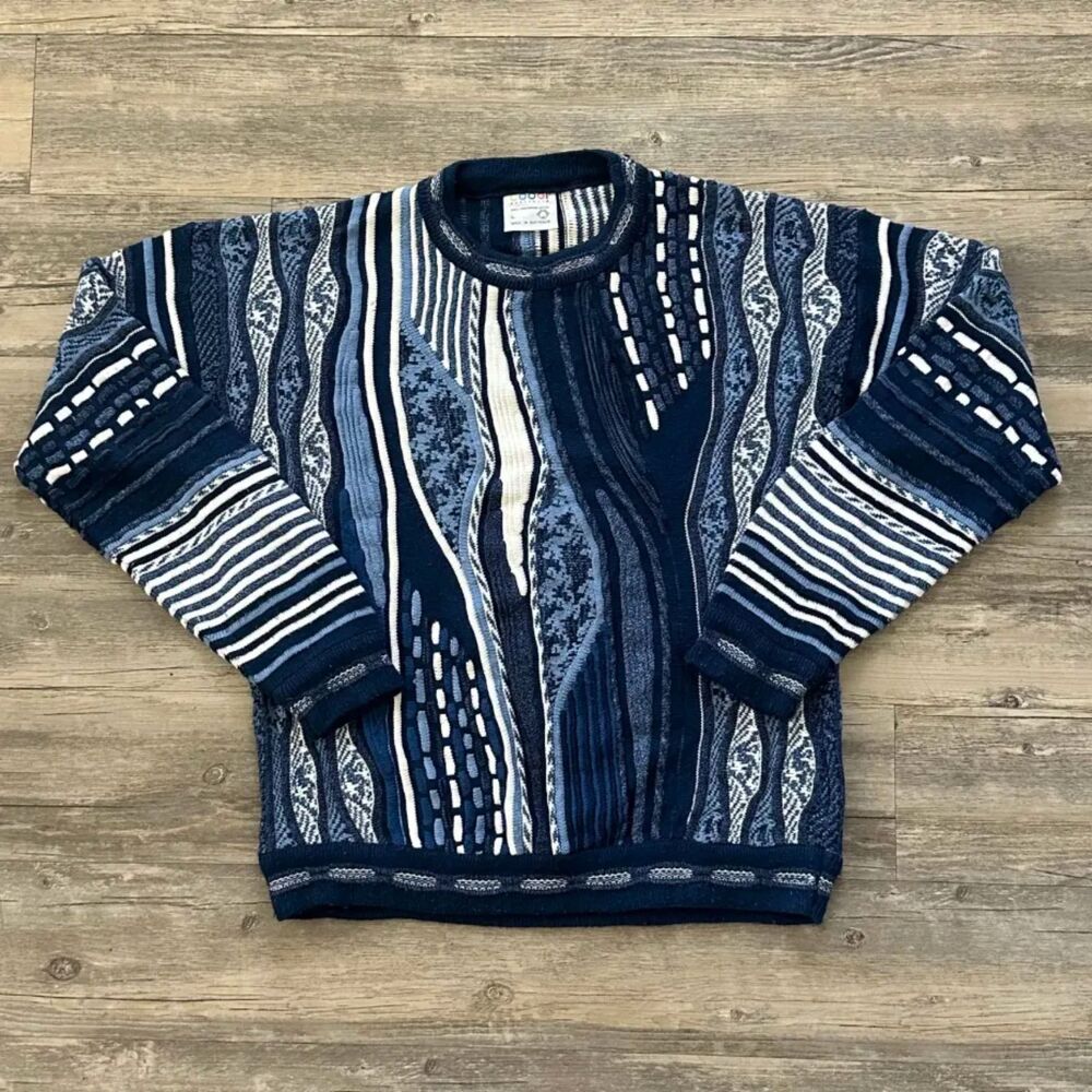 Vintage 90s Coogi 3D Multicolored Blue Knit Sweater Size Large Hip-Hop